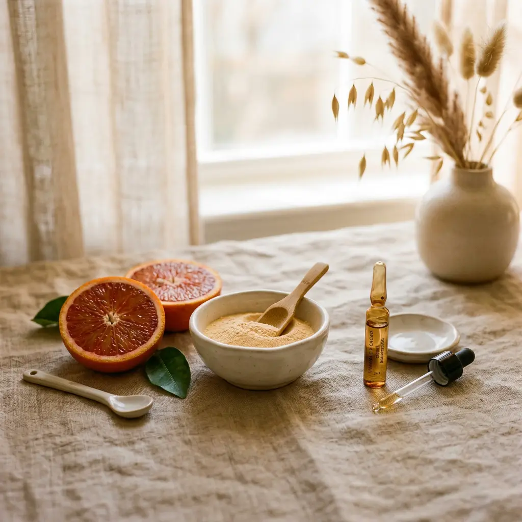 Brightening treatment ingredients set out at Fiona's Day Spa, the Coon Rapids studio where IPL photofacials begin with a consultation