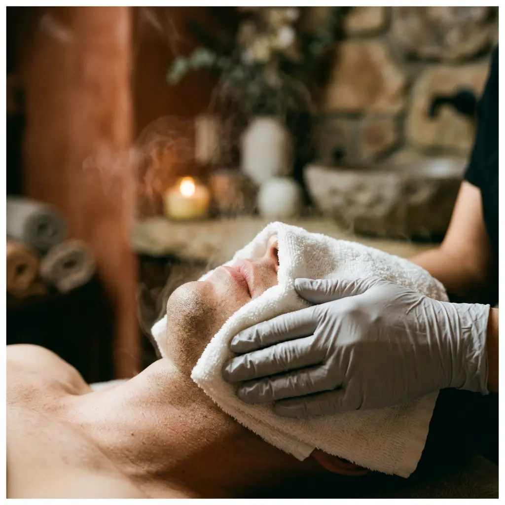 A warm towel laid over the face during the facial stage of a head spa, facial and massage package