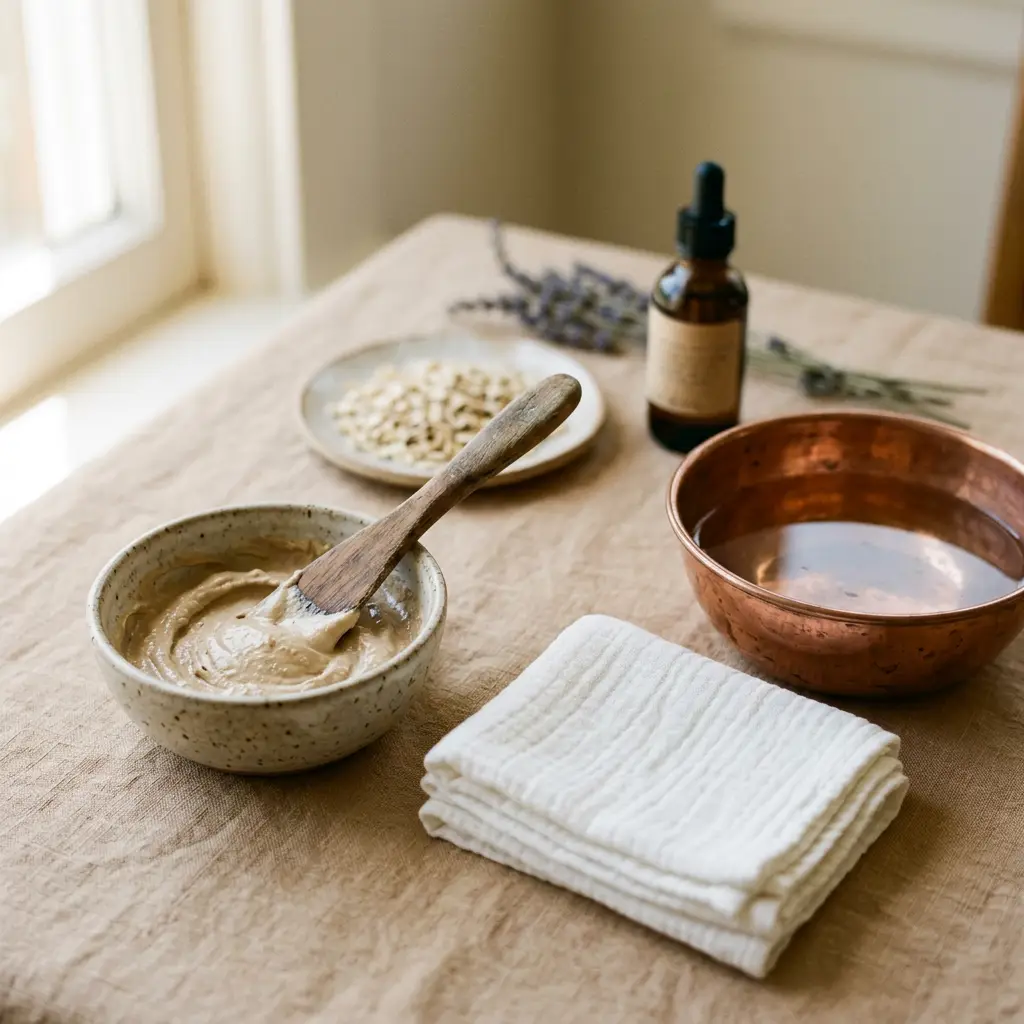 Folded muslin cloths, a bowl of cream treatment and a copper bowl of warm water laid out before a face waxing appointment in Coon Rapids, MN