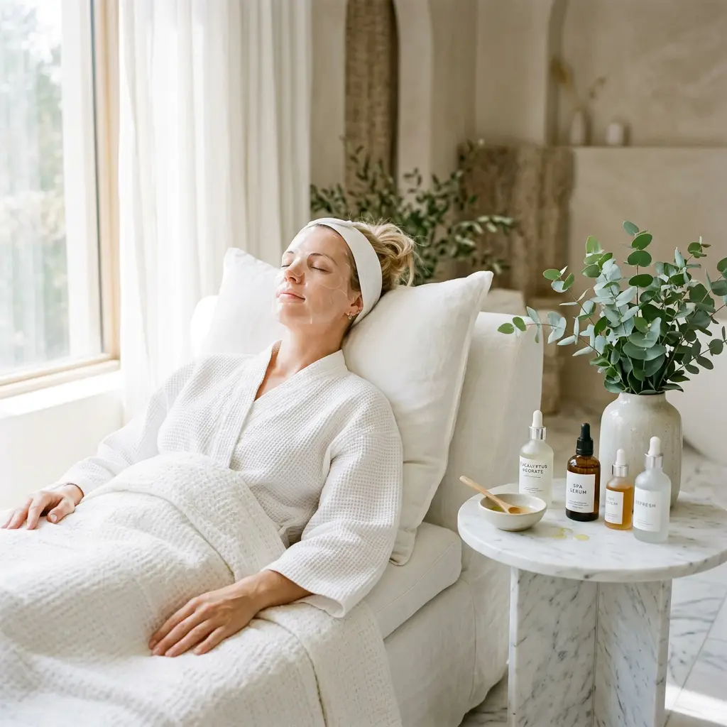 A guest reclining beside the serum tray at Fiona's Day Spa in Coon Rapids, MN, the studio offering microneedling and nano needling