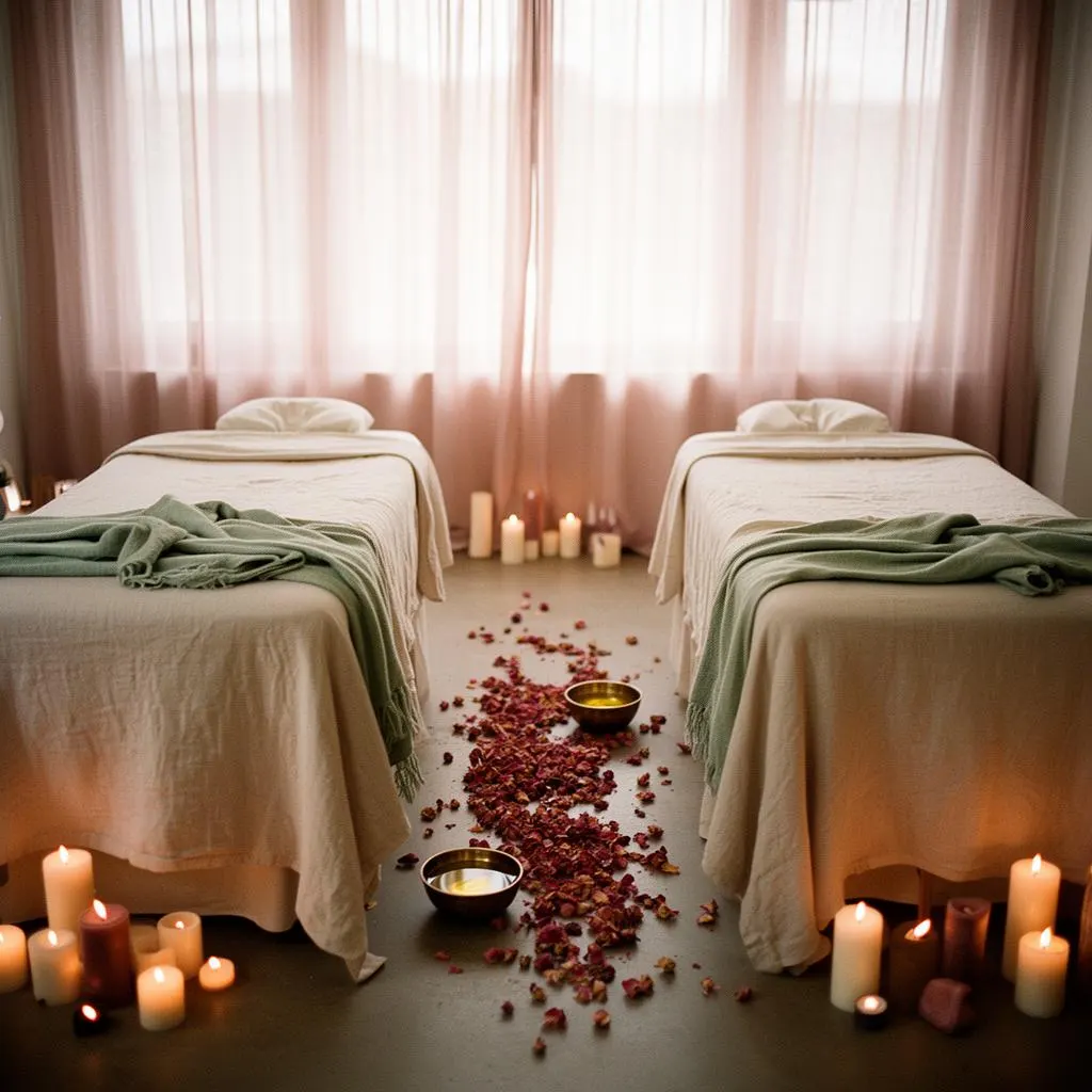 Two treatment tables set side by side with lit candles and rose petals on the floor between them, the joinable room used for a couples head spa and couples massage in Coon Rapids, MN