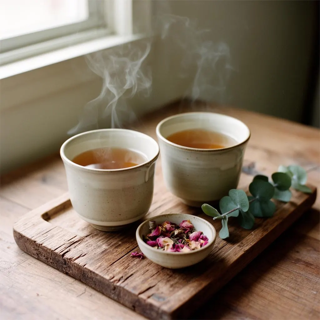 Two cups of tea on a wooden tray by the window at Fiona's Day Spa in Coon Rapids, MN