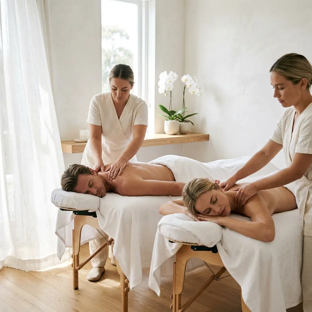 Two guests on two tables with a therapist at each during a couples massage in Coon Rapids, MN