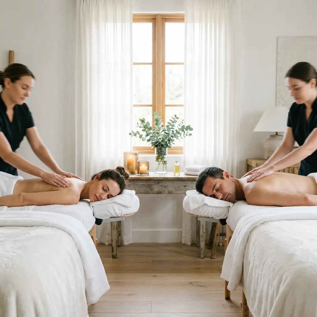 Two therapists working side-by-side tables by candlelight during a couples spa appointment at Fiona's Day Spa