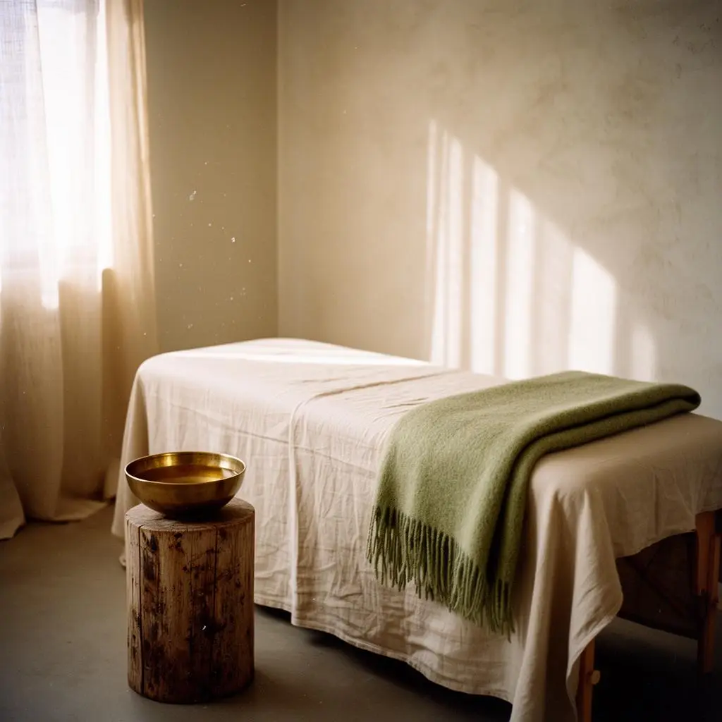 A draped massage table made up and waiting in the treatment room at Fiona's Day Spa in Coon Rapids, MN