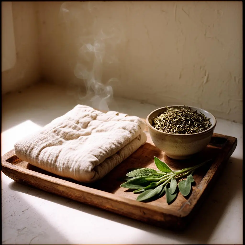 Warm muslin cloths, dried herbs and fresh sage on a wooden tray in the treatment room at Fiona's Day Spa in Coon Rapids, Minnesota