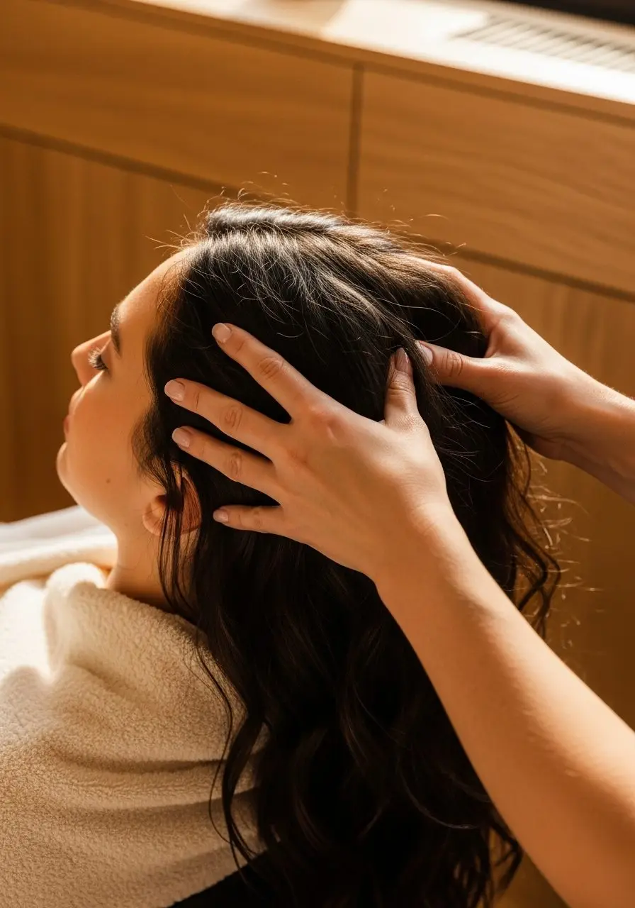 A therapist's hands working through the scalp during the head spa stage of a spa package in Coon Rapids, MN