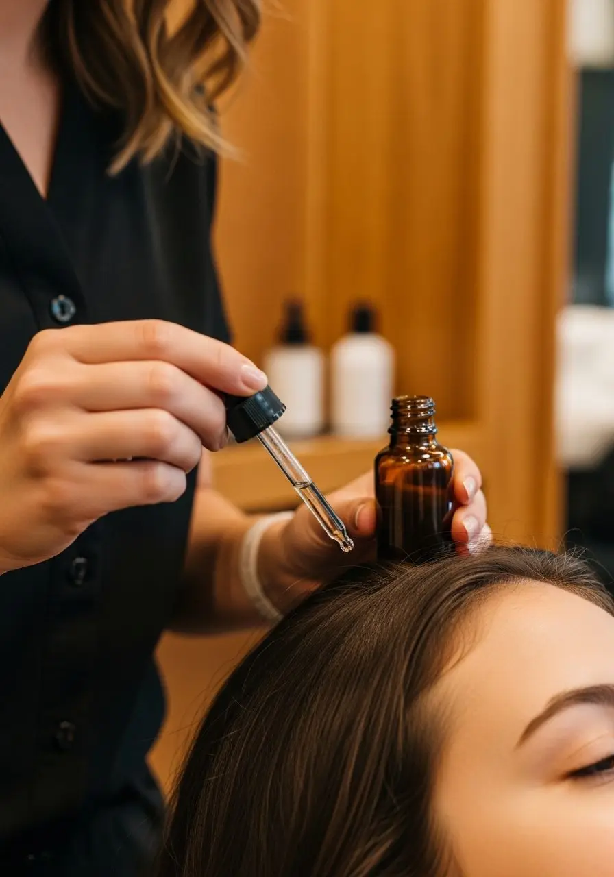 A treatment serum applied by dropper to the scalp before the facial stage of a head spa and facial combo