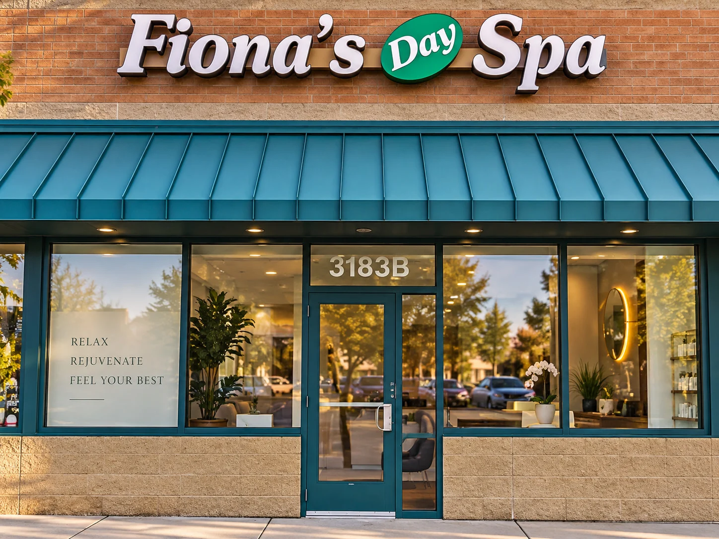 The Fiona's Day Spa storefront at 3183 Northdale Blvd NW, Suite B, Coon Rapids, MN — teal awning and 3183B on the glass door