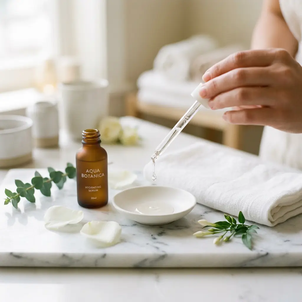A dropper of calming serum held over a small dish beside a folded towel — post-wax aftercare in the treatment room at Fiona's Day Spa