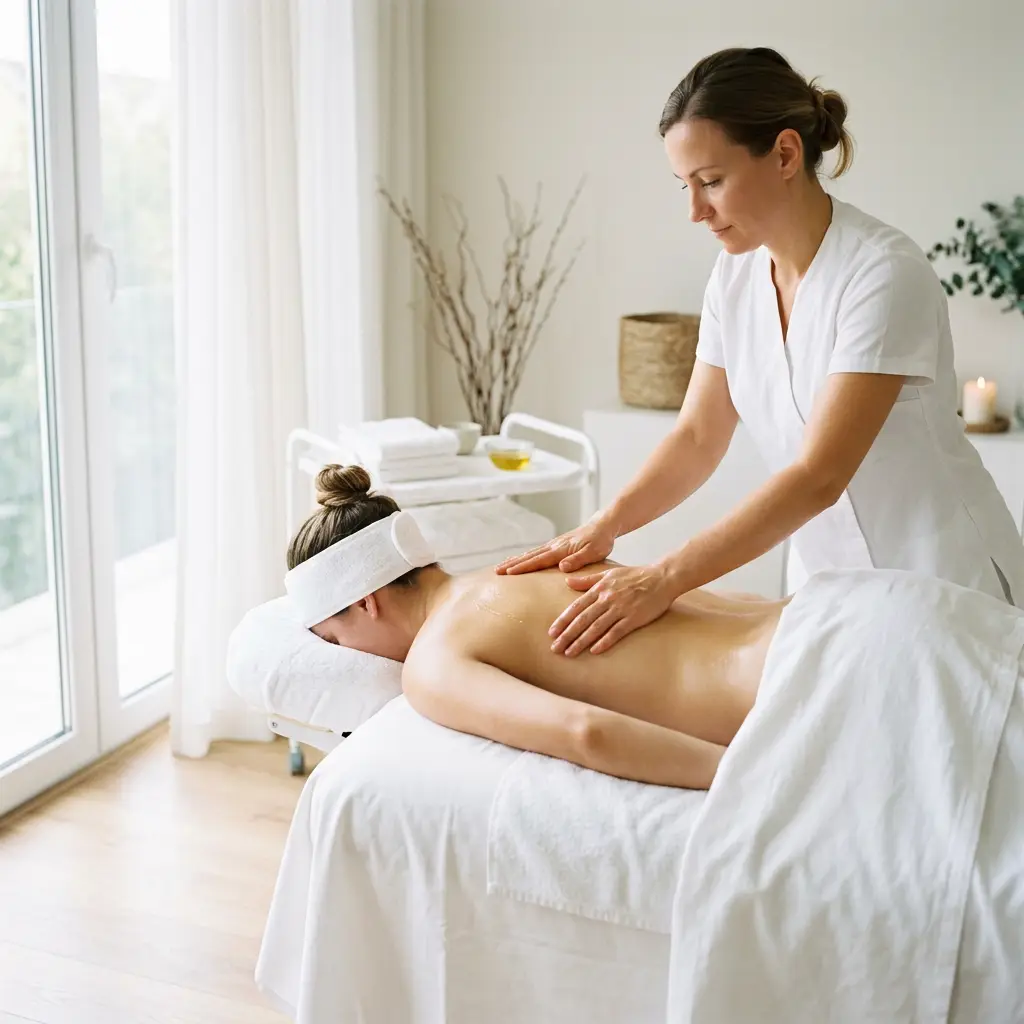 A therapist working slowly across the back during a massage at Fiona's Day Spa in Coon Rapids, MN