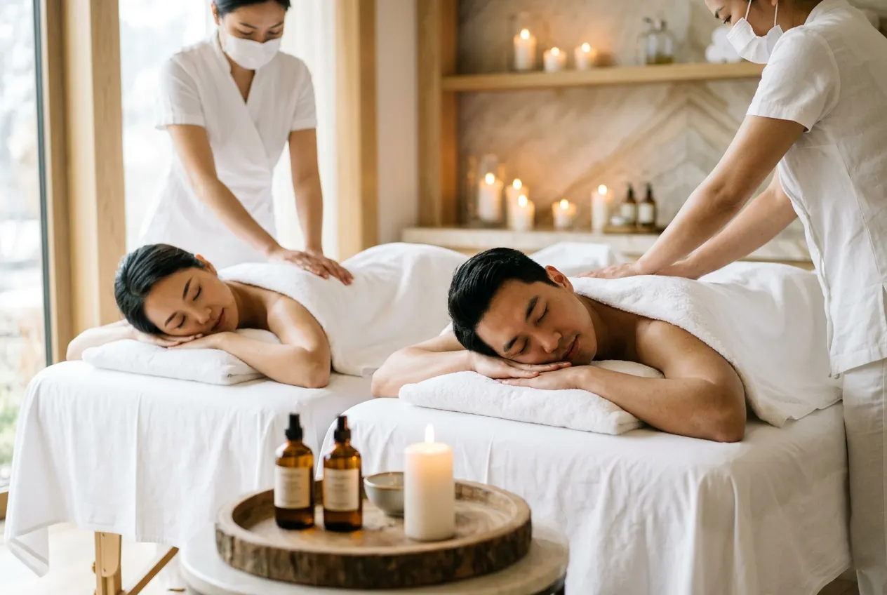 Two therapists working two treatment tables at the same time, the pairing a group spa package near Blaine, MN is scheduled around