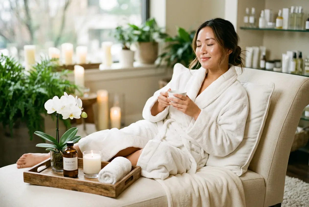 A guest in a robe with a cup of tea between treatments during a group spa afternoon at Fiona's Day Spa